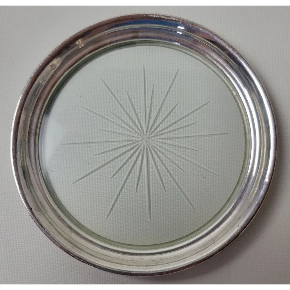 Vtg Webster Company Sterling Silver Etched Starburst Glass Wine Coaster